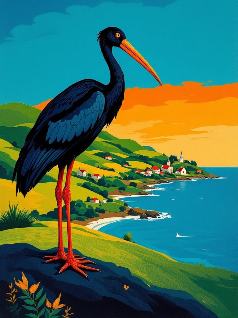 Stylized Black Stork on Coastal Hill, Modernist Style