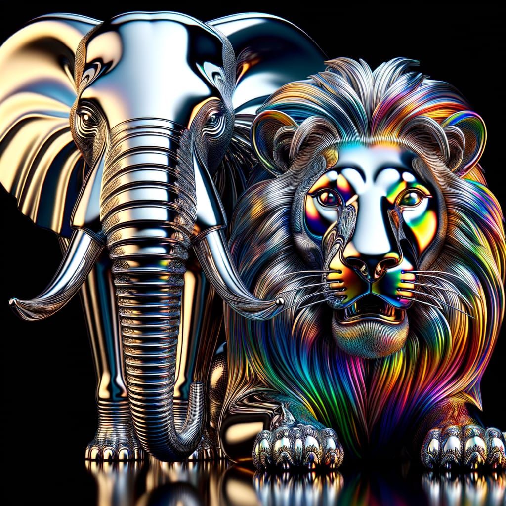 Rainbow Chrome Elephant and Lion in 8k 4D