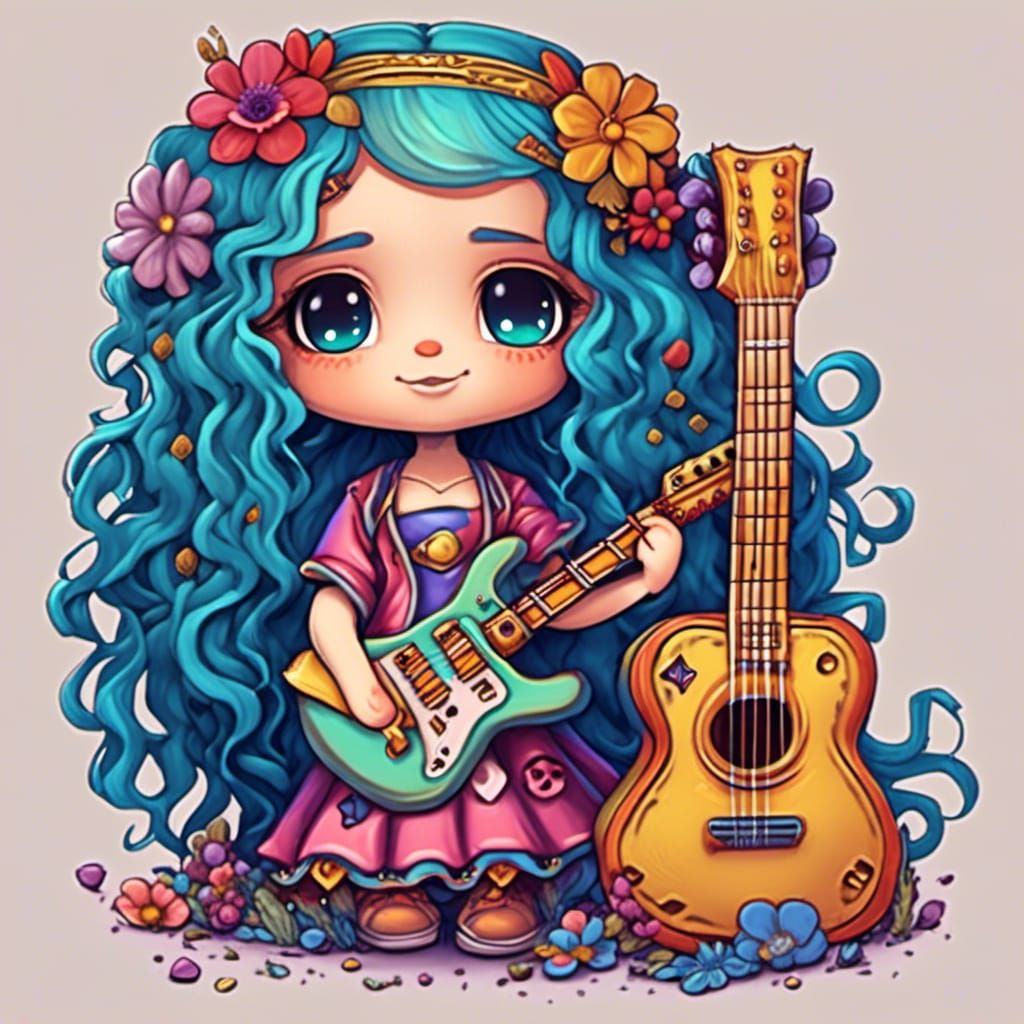 Chibi Hippie Girl with Guitar and Peace Sign