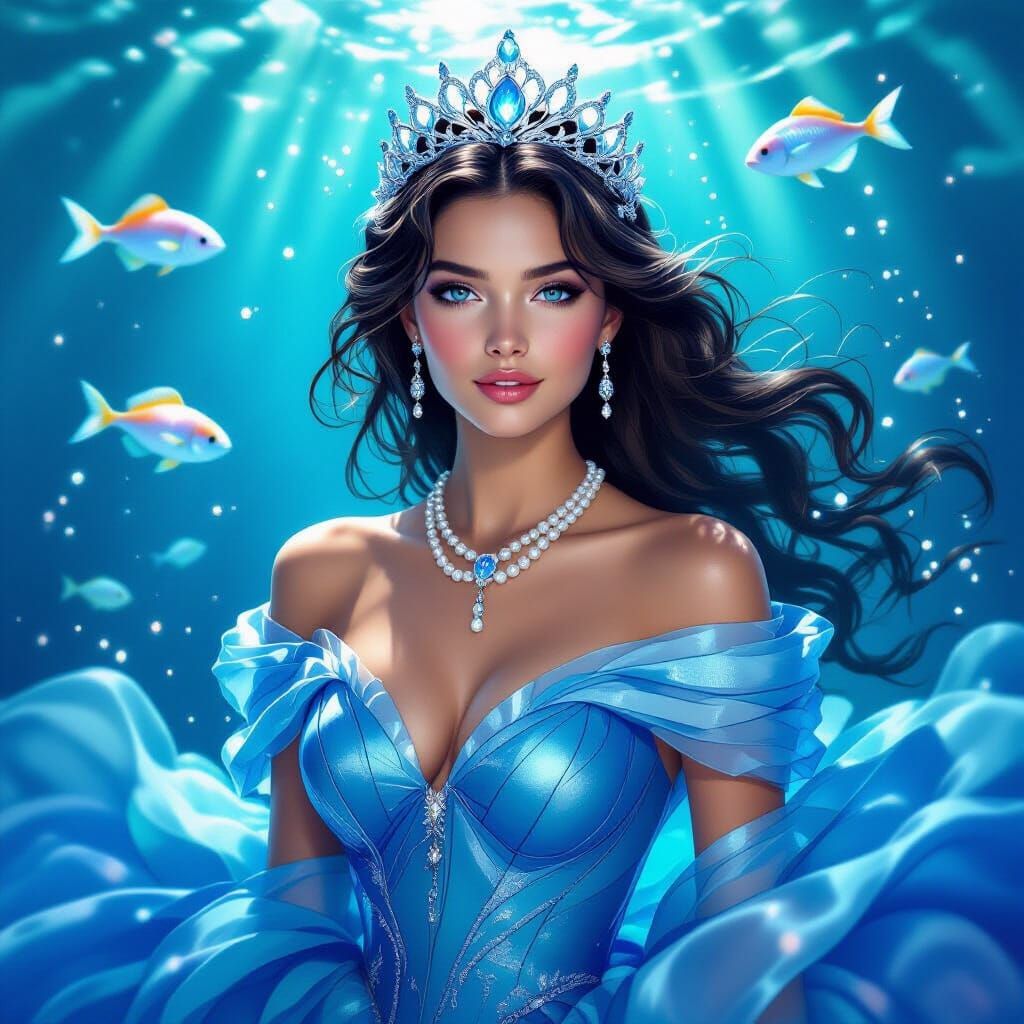 Sapphire Sea Princess in Flowing Waves Gown