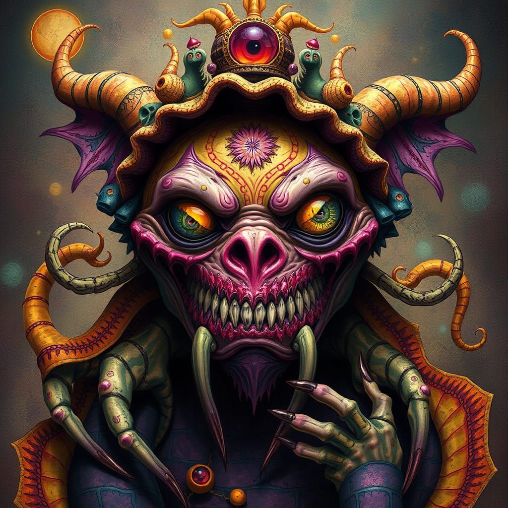 (Masterpiece), ((A dark fantasy crayon drawing in the style of Jeff Soto, reimagining ecstasy as an adorably grotesque a...