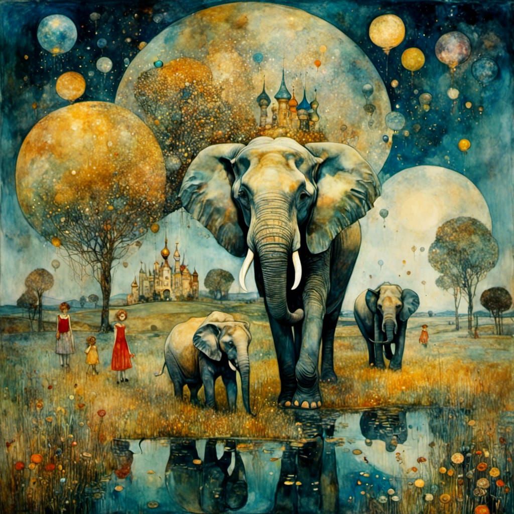 Surreal Elephant Watering Hole in Pop Surrealism Style