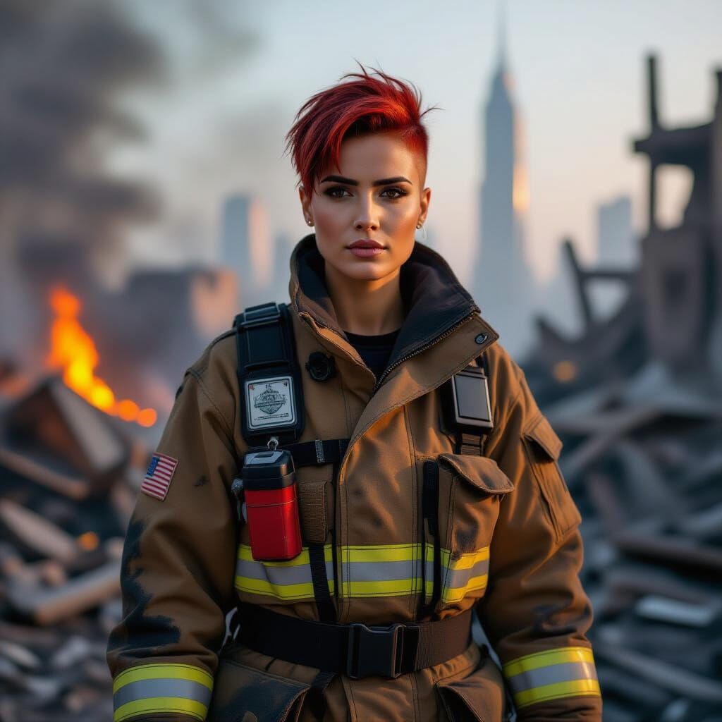 Arabic Firefighter in Dubai Ruins: Photorealistic Portrait