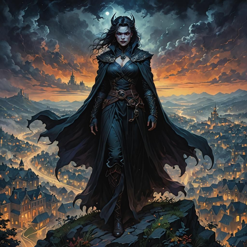 Diabolical Villain Over City Lights in Ethereal Style