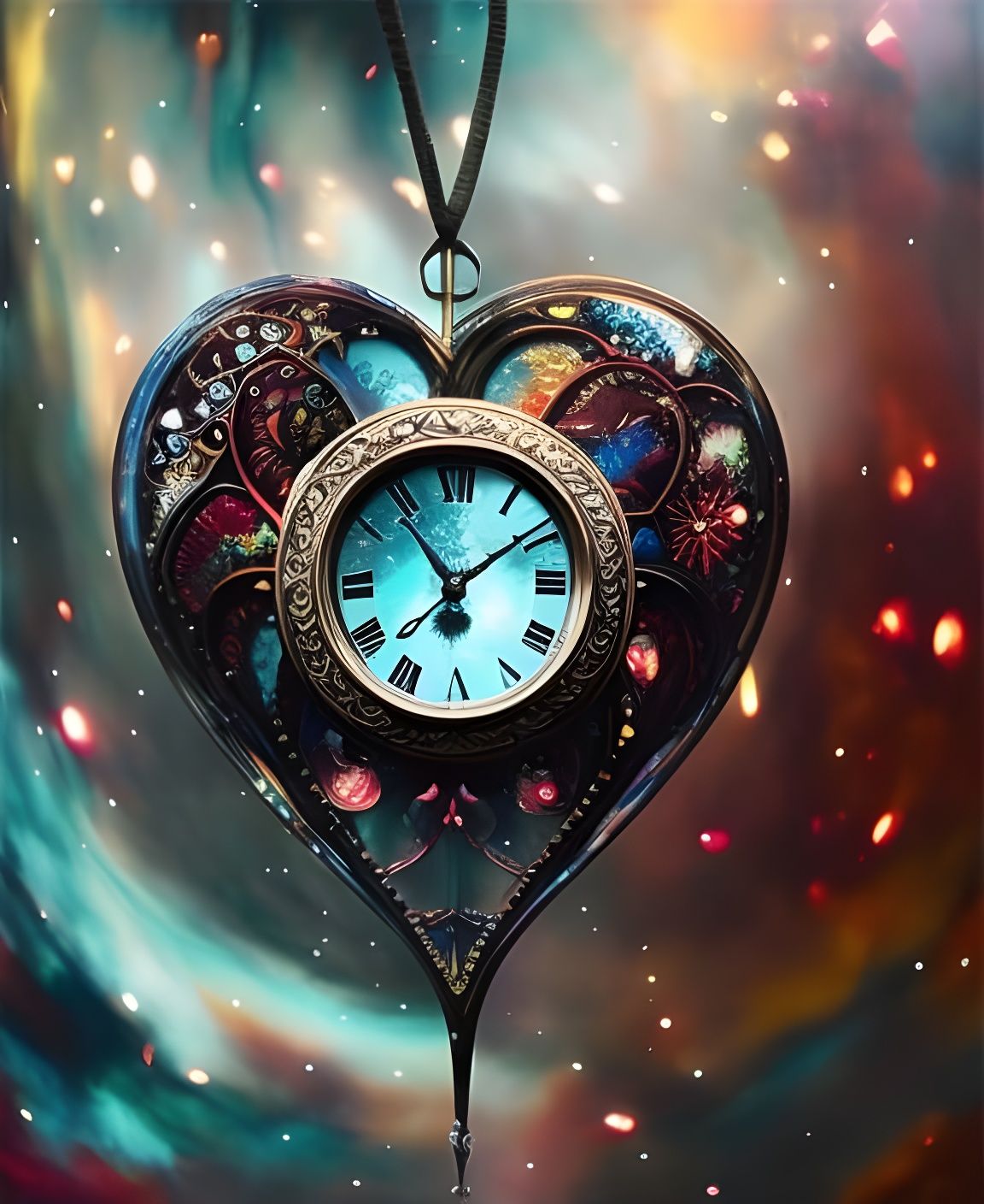 Ethereal Heart Clock in Goth Art Style