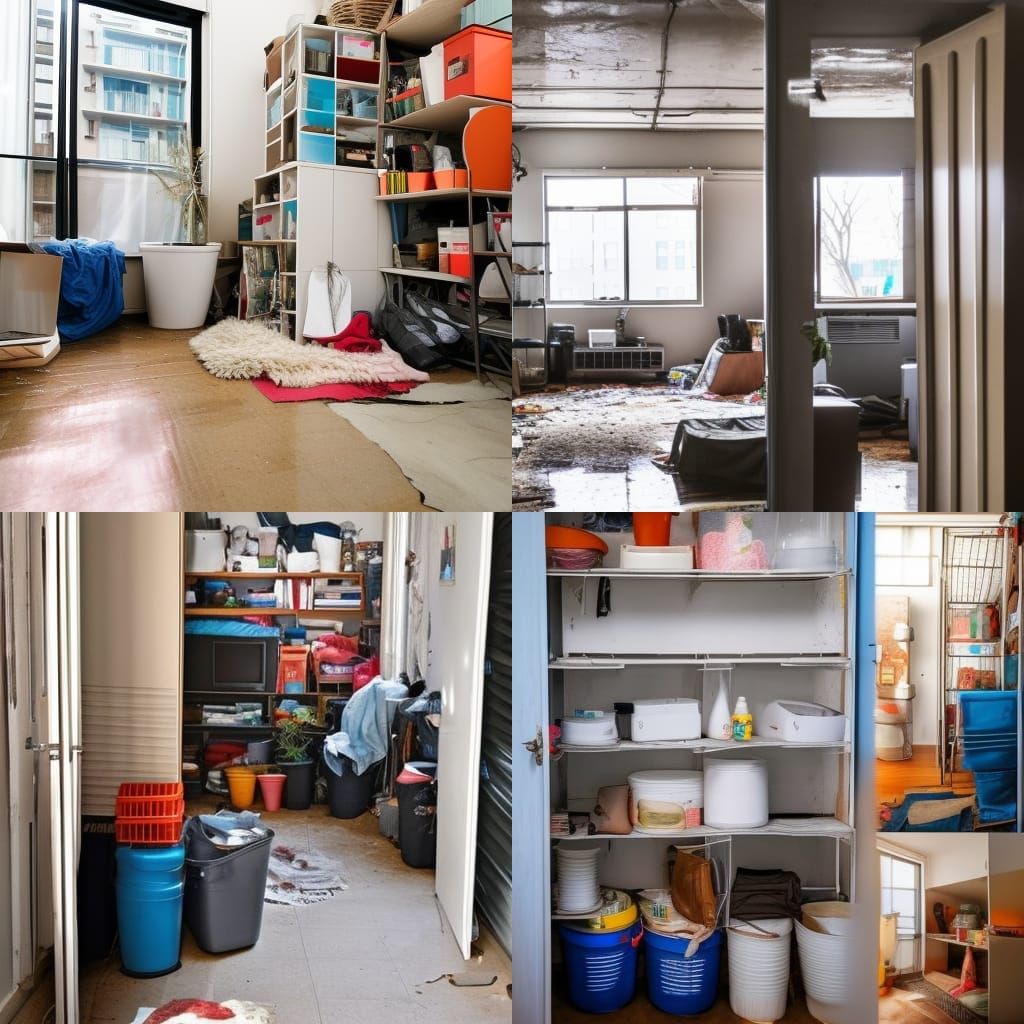 filthy apartment, plastic storage containers everywhere, dir...