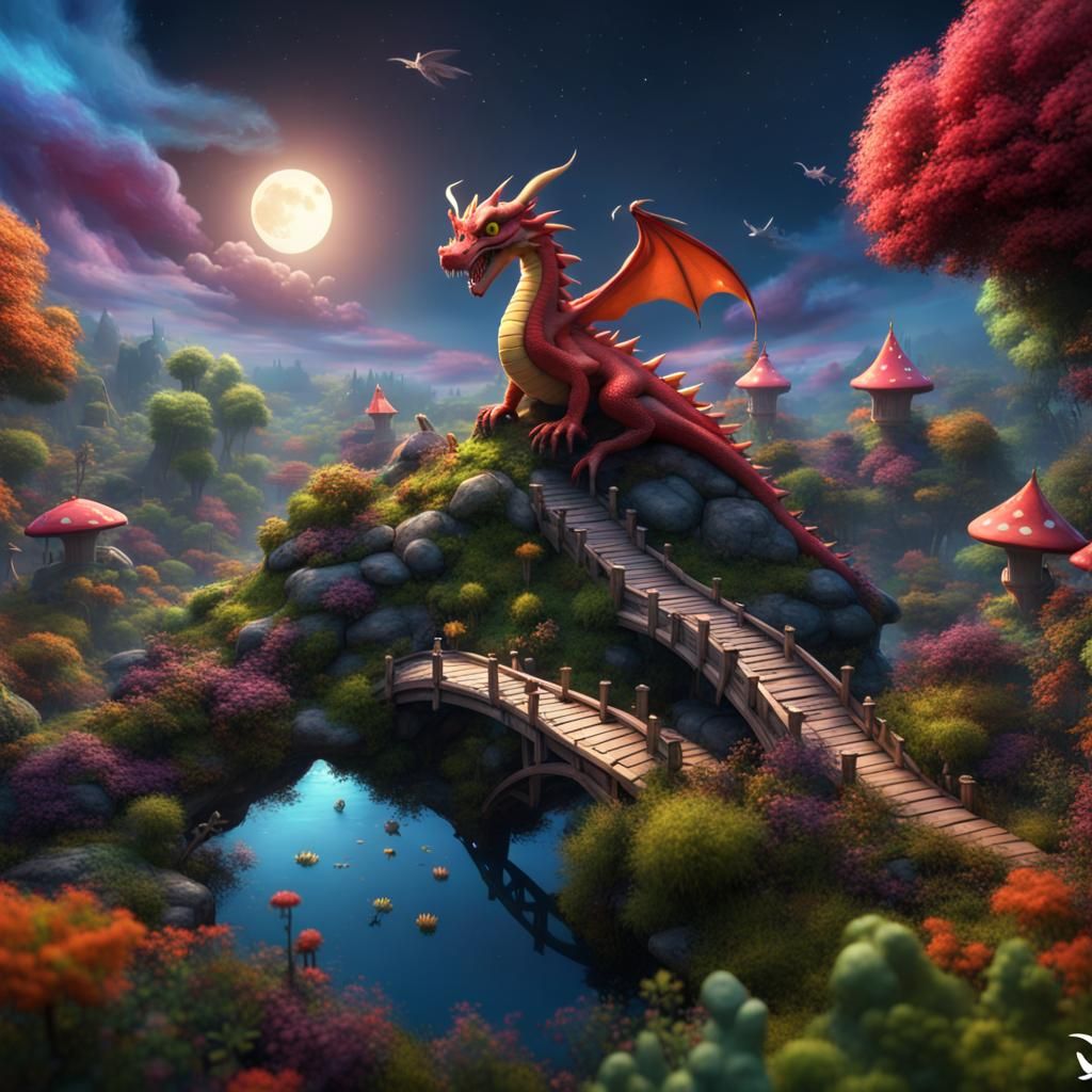 Epic Dragon Flying Above Mystical Garden in 3D