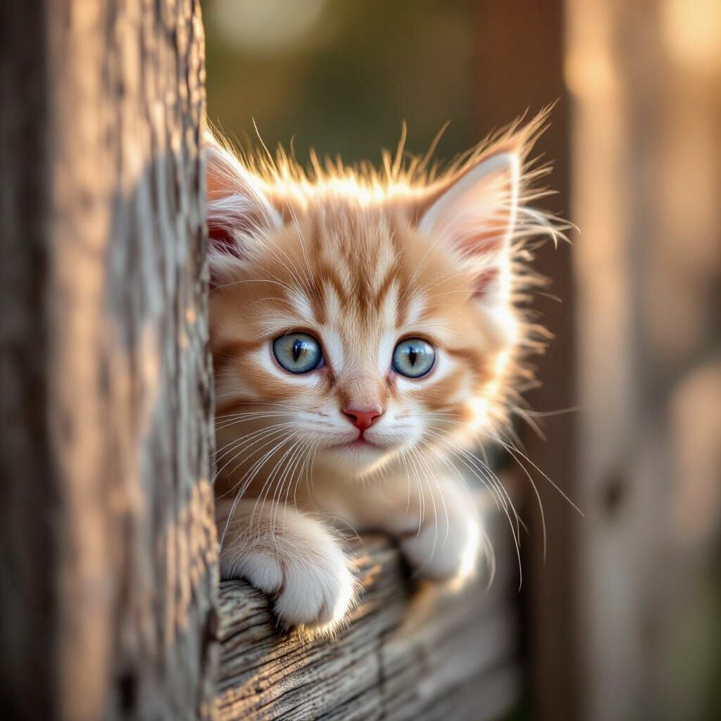 Shy Kitten Behind Fence in Golden Hour Light