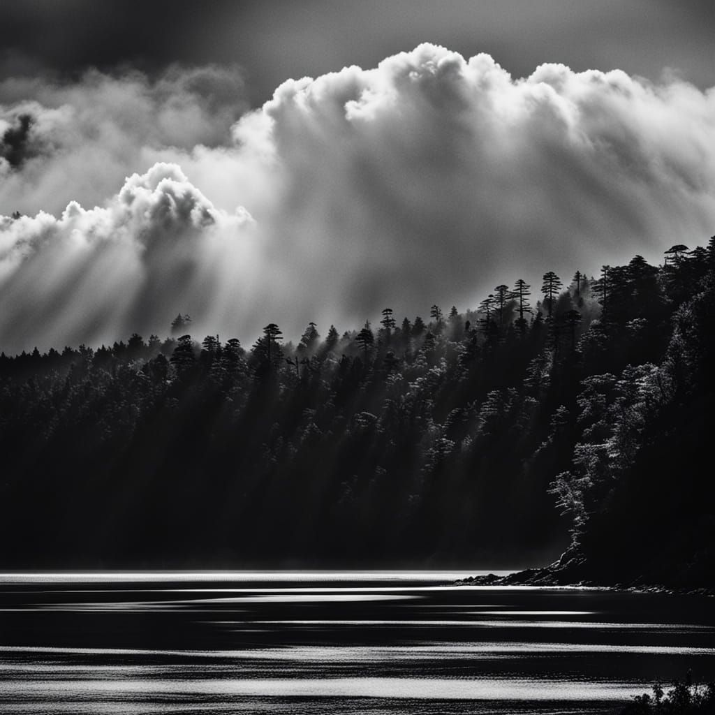 Dramatic Silhouetted Shores Under Overexposed Clouds