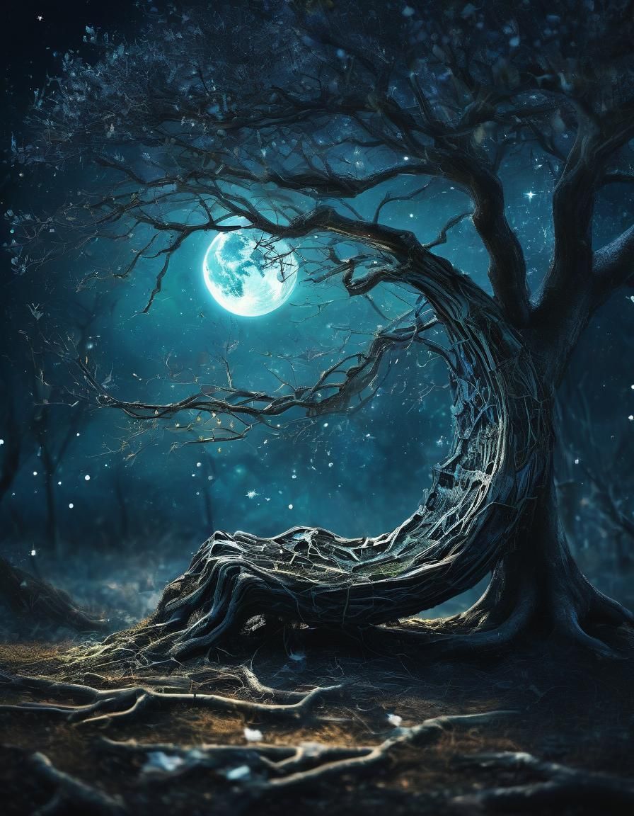 Crescent Moon Oil Painting with Double Exposure