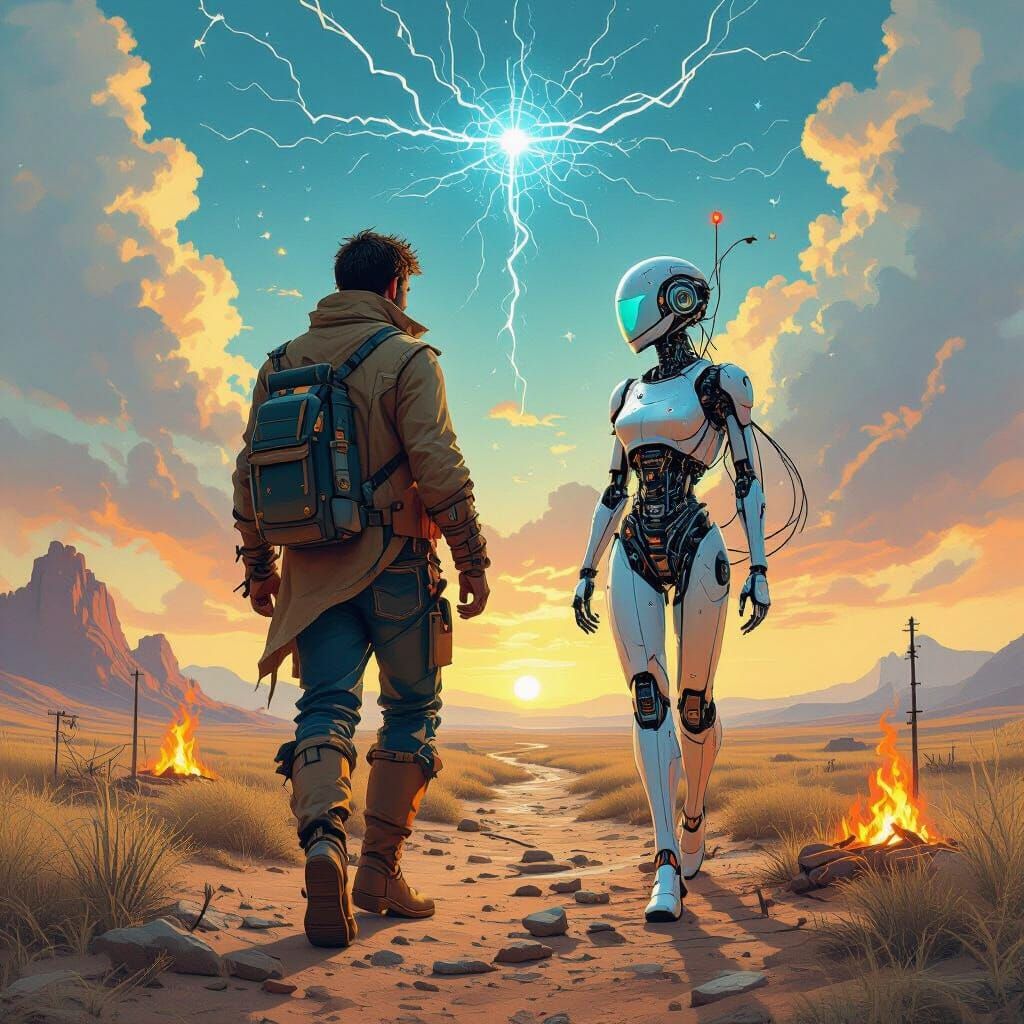 Man and AI Muse Build New World Under Electric Sky