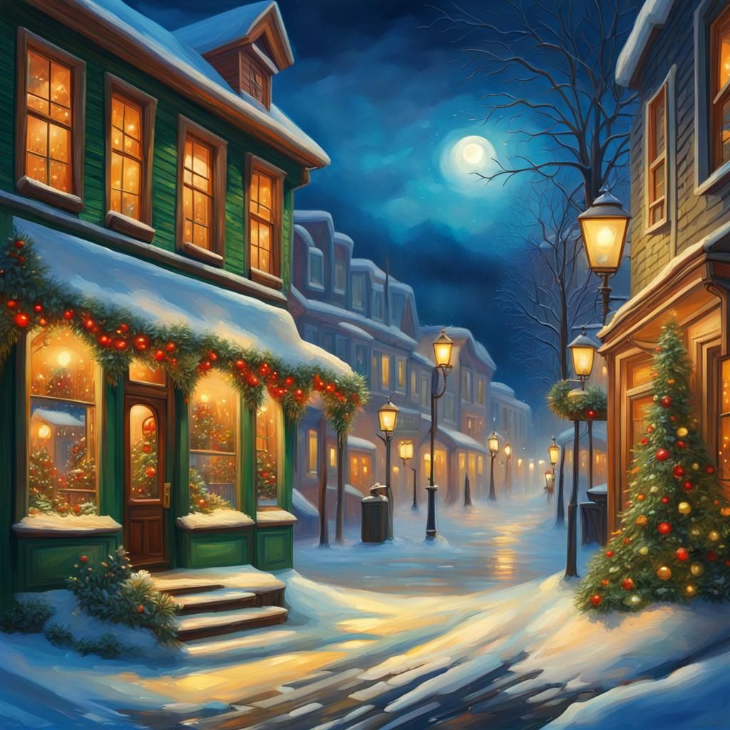 Winter Street Scene with Christmas Lodges in Oil Painting St...