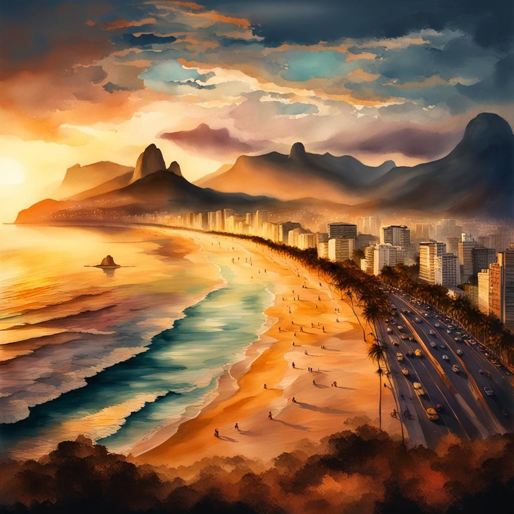 Minimalist watercolor: Ipanema beach sunset, Rio de Janeiro