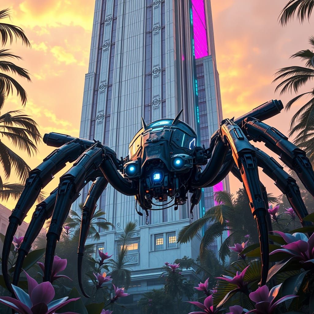 Cyberpunk Japanese Spider Robot Guards Futuristic Hindu-Insp...