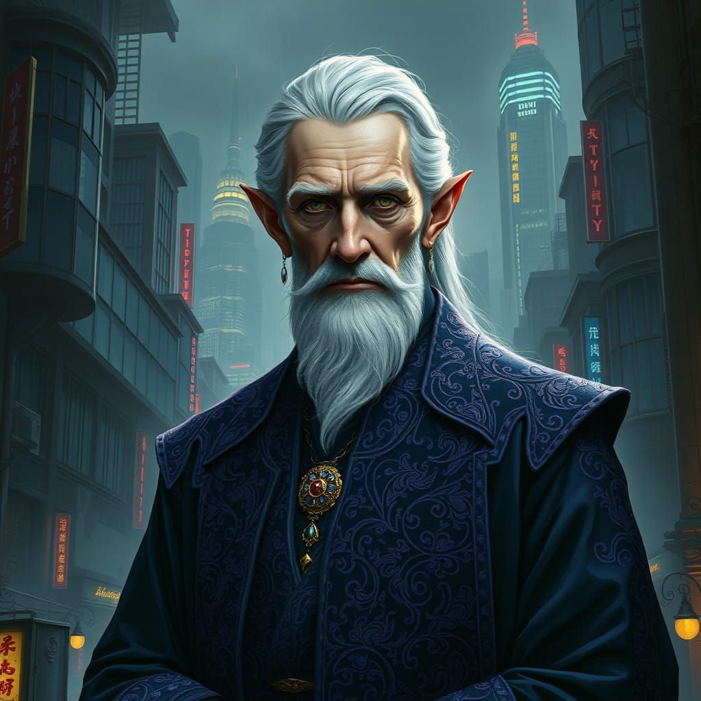 Elegant Victorian High Elf Elder in Dark Cyberpunk Cityscape