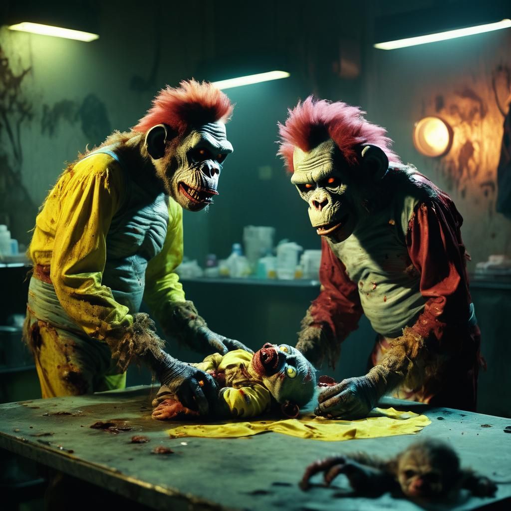 Zombie Monkey Clowns Changing a Diaper: Cinematic Still