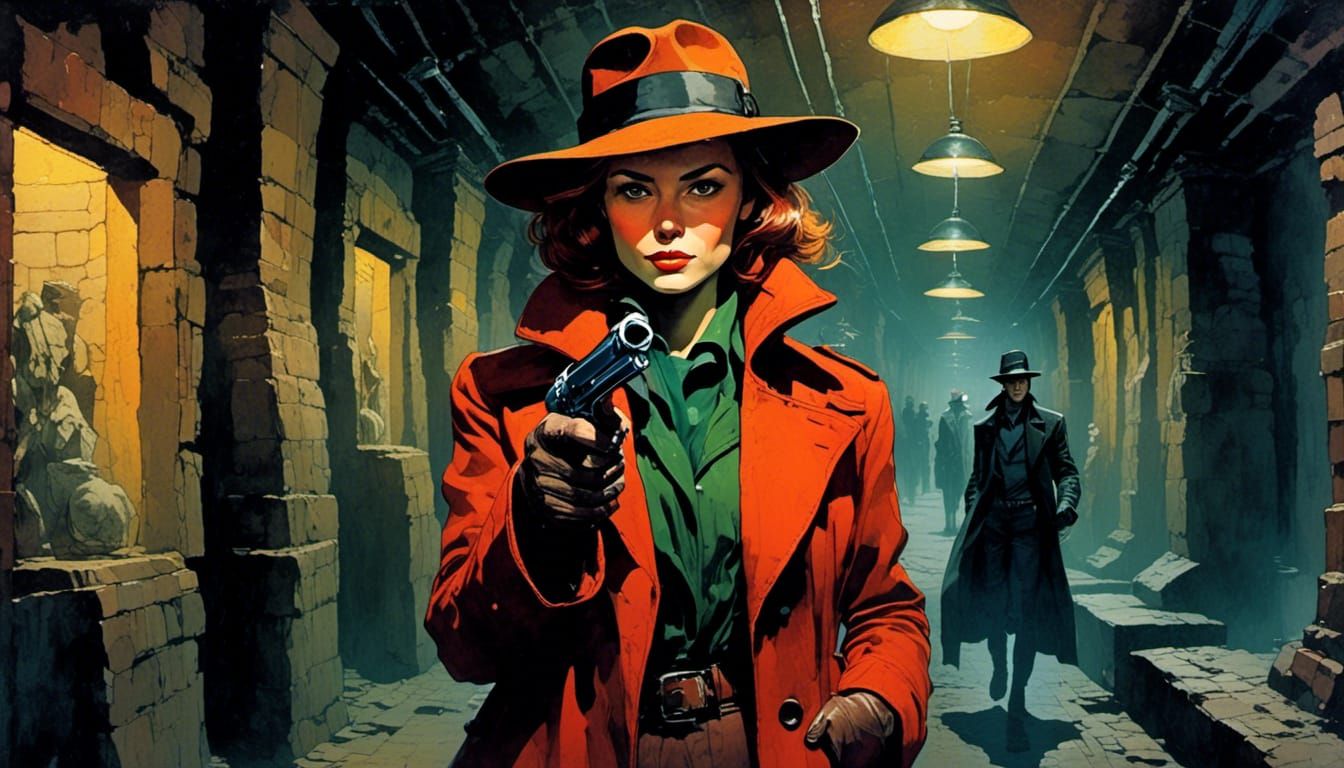 Film Noir Detective Confrontation in Sci-Fi Catacomb