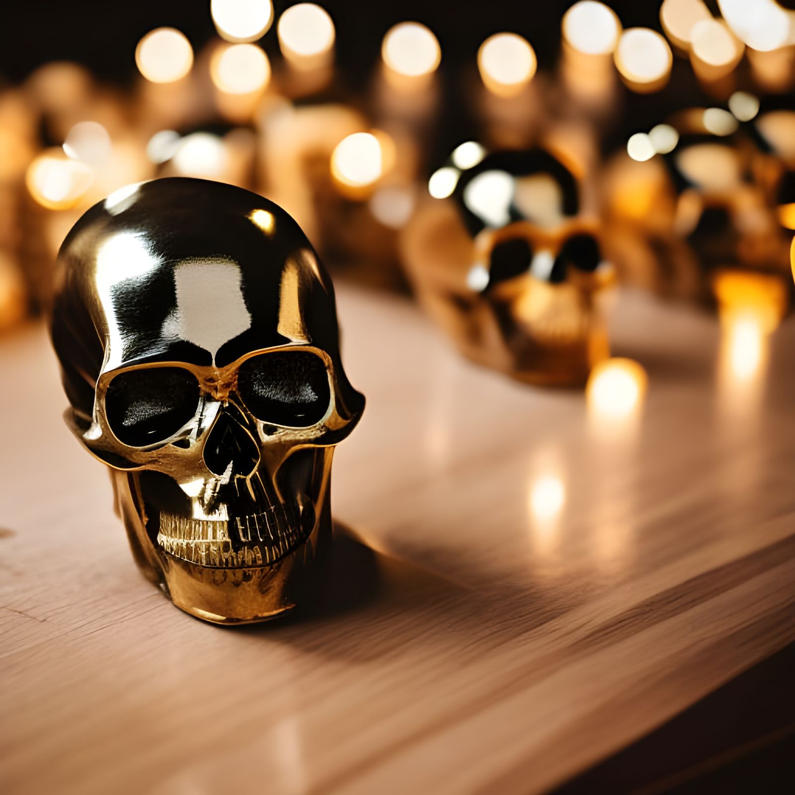 Golden Skulls on Wooden Table in Volumetric Lighting