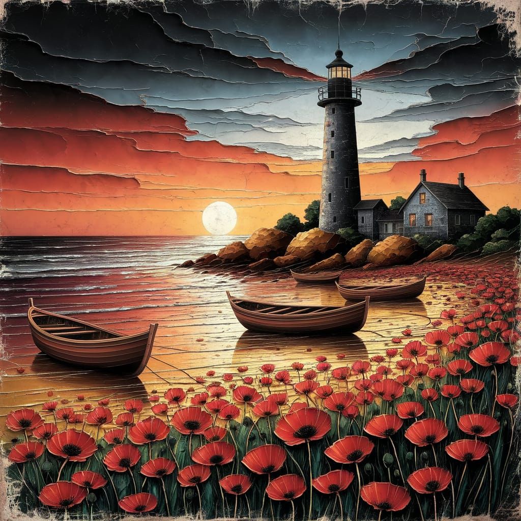 Twilight Lighthouse Captured in Thick Impasto Paint