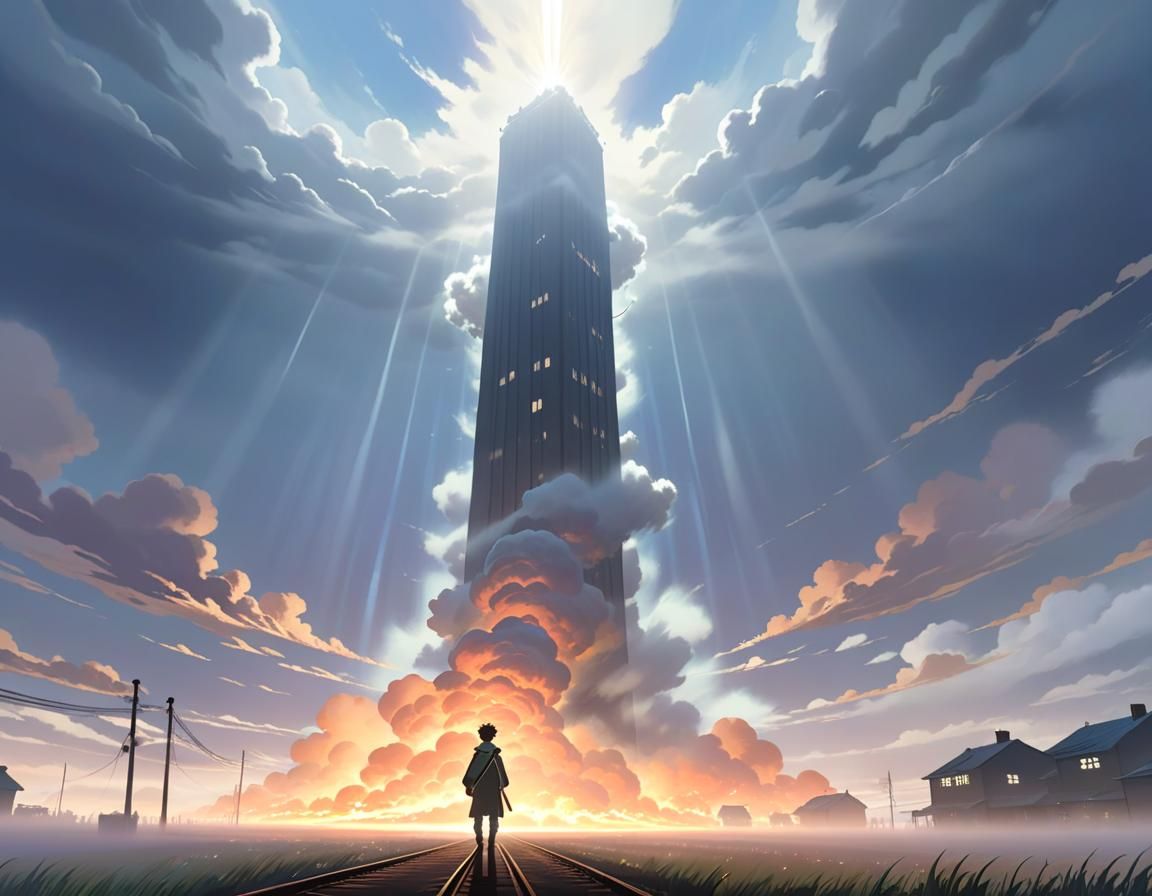 Smoky Figure in Anime Landscape at Sunset