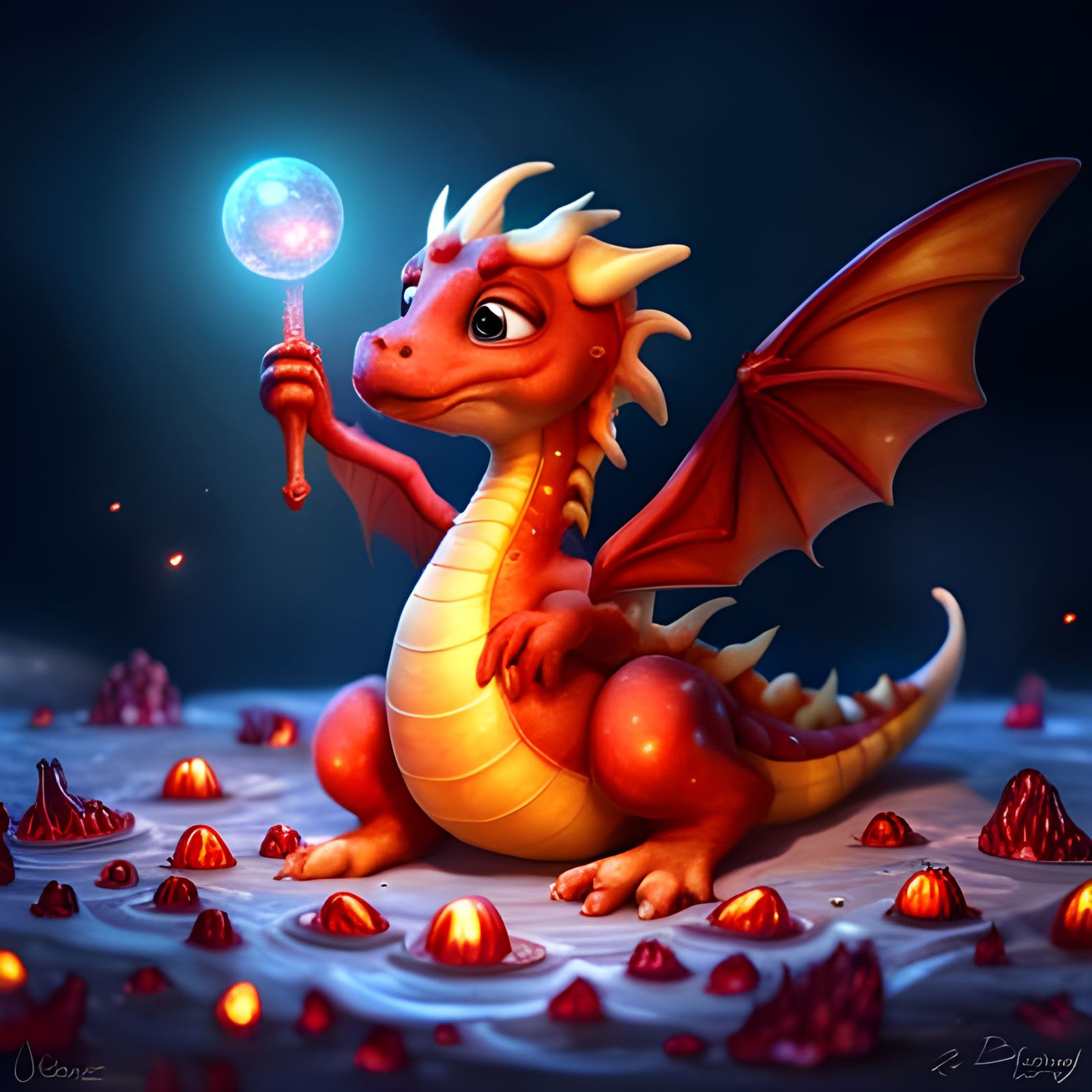 Baby Fire Dragon with Crystalline Candy, Art Nouveau