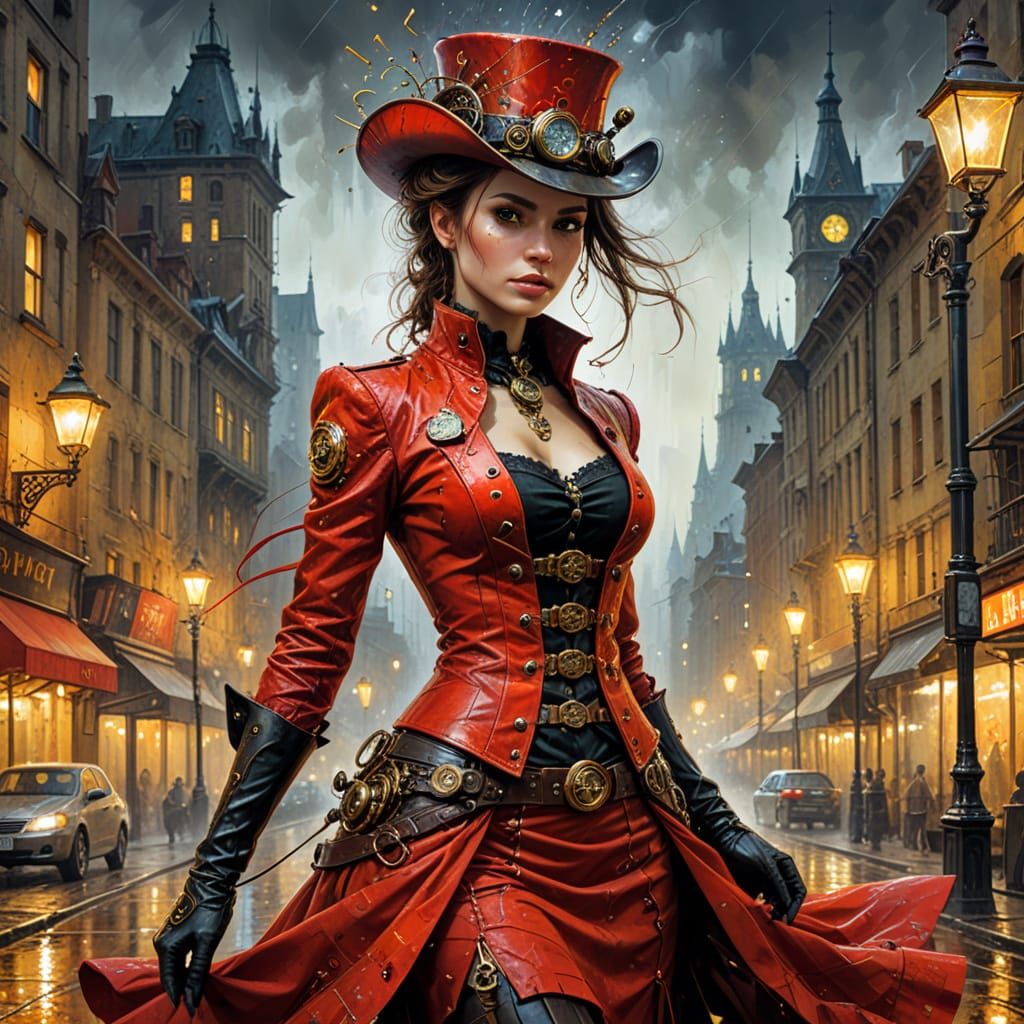 Steampunk Cowboy in Red Dress, Vivid Oil Painting