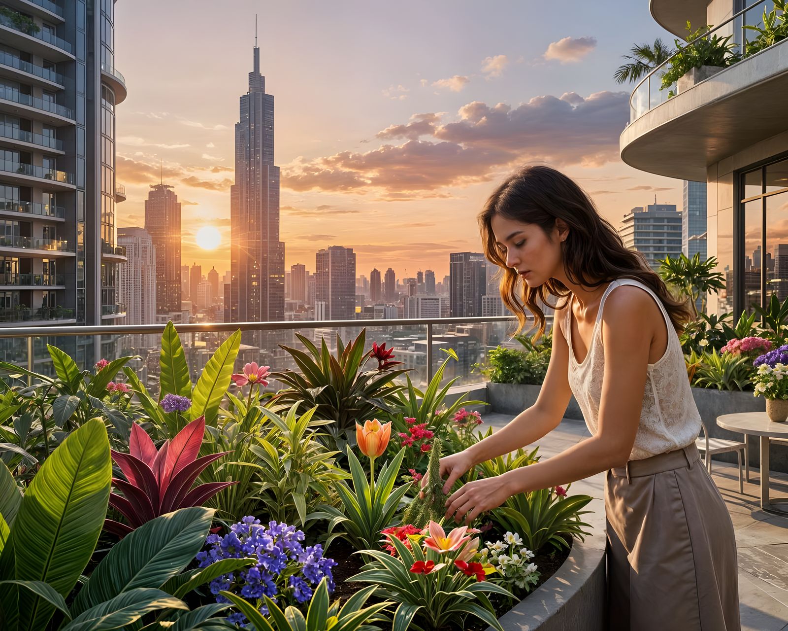 Woman Tends Lush Balcony Garden Overlooking Futuristic City ...