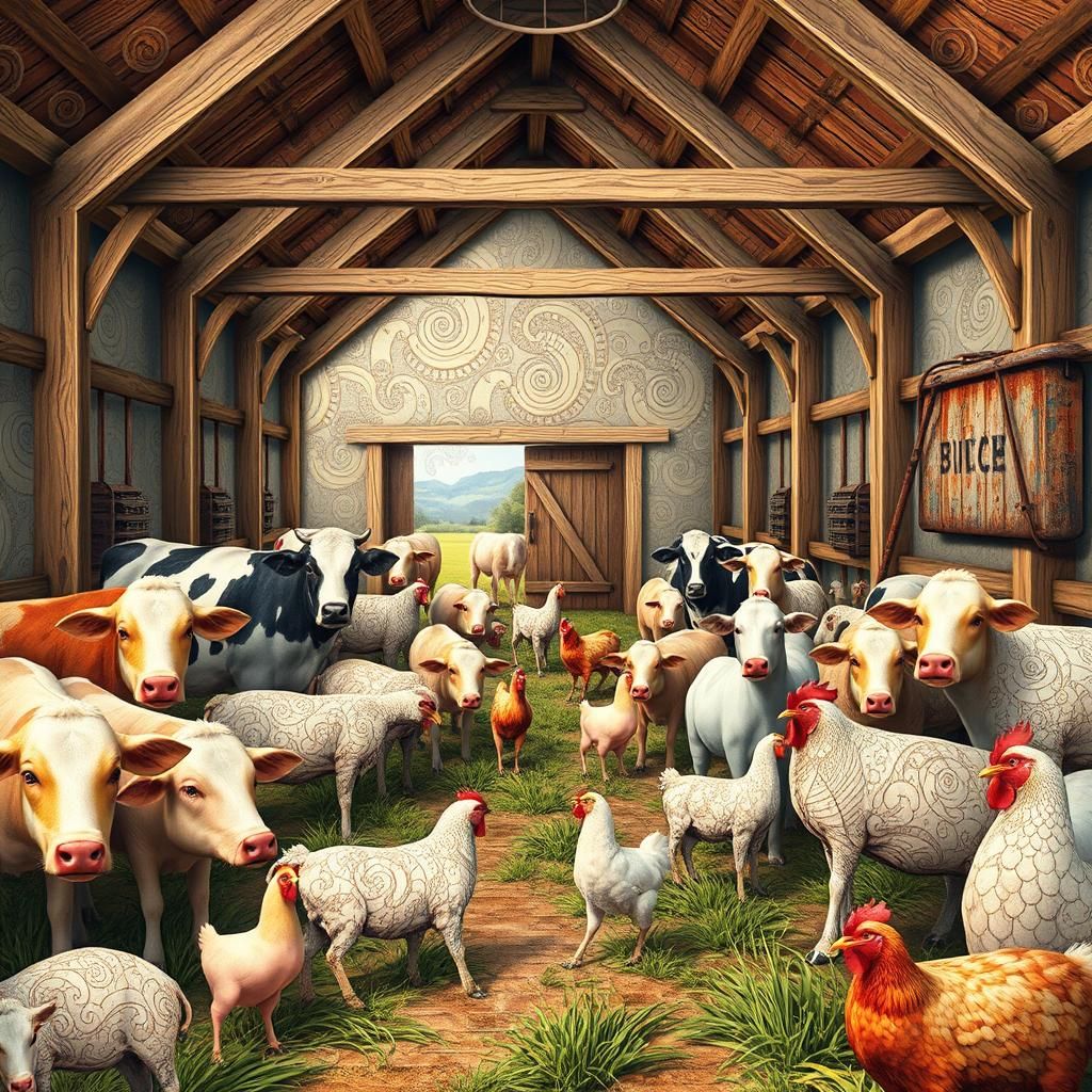 Livestock in Fractal Barn with Zentangle Designs