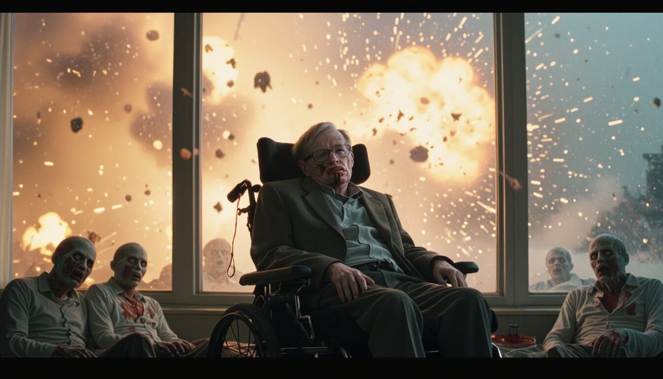 Stephen Hawking Zombie Explosion in Surreal Cinematic Style