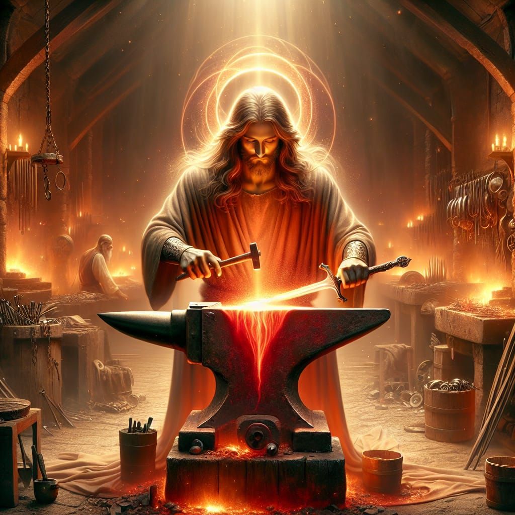 Jesus Christ as Blacksmith Forging Celestial Sword