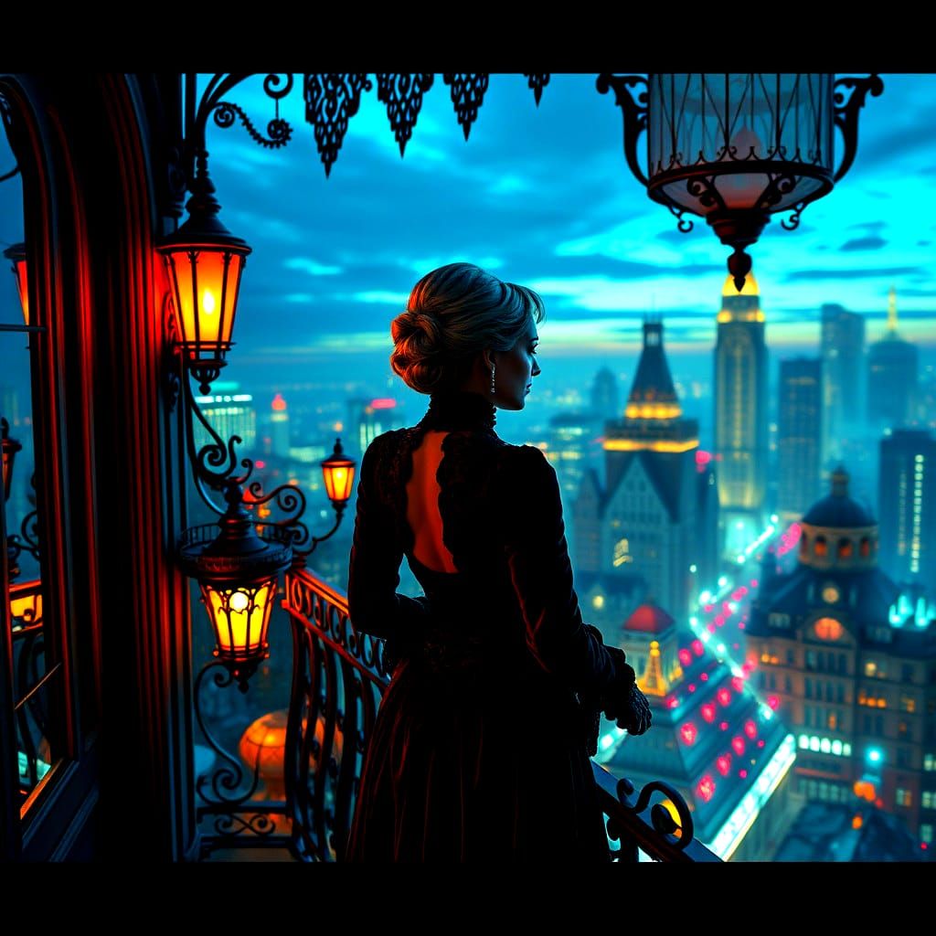 Gothic Woman Overlooking Steampunk City in Neon Lights