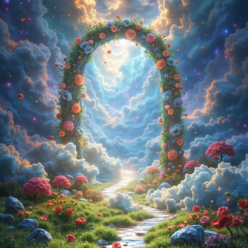 Heavenly Portal in Iridescent Clouds with Pastel Flowers and...