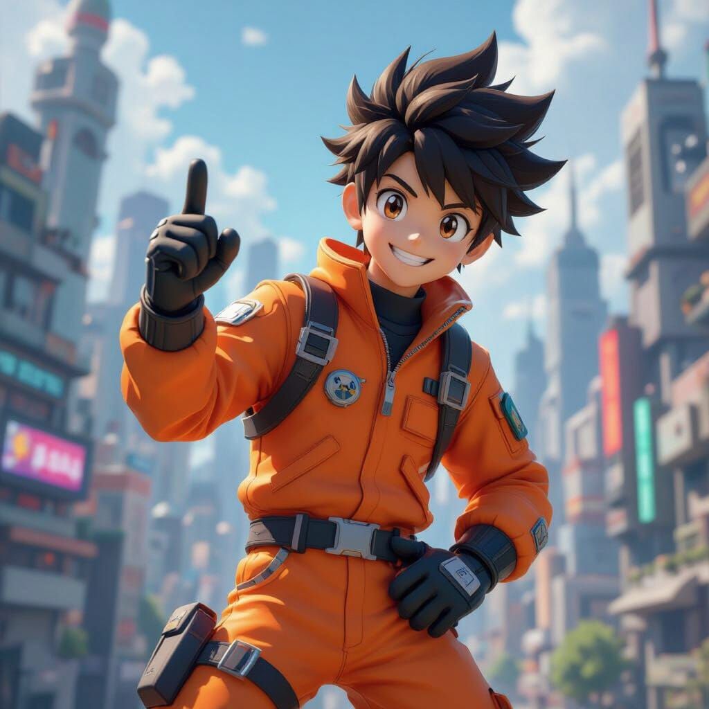 Heroic Digimon Tamer in Futuristic Cityscape