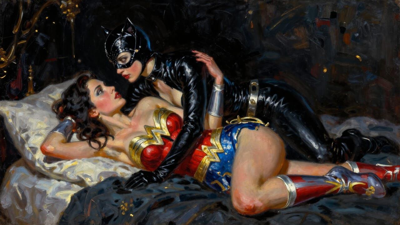 Catwoman and Wonder Woman Intimate Oil Painting