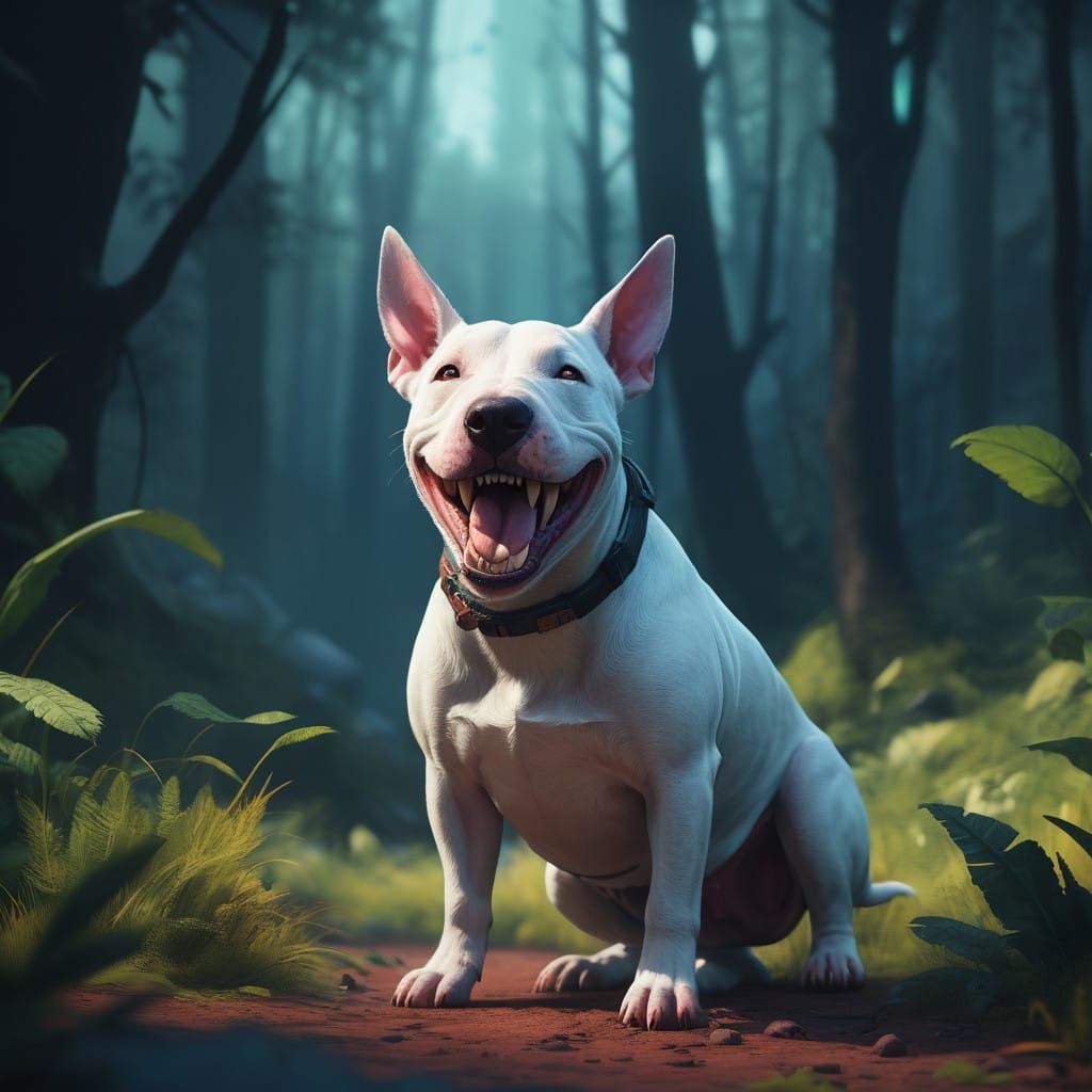 Miniature Bull Terrier Smiles in Vibrant Fantasy Realm