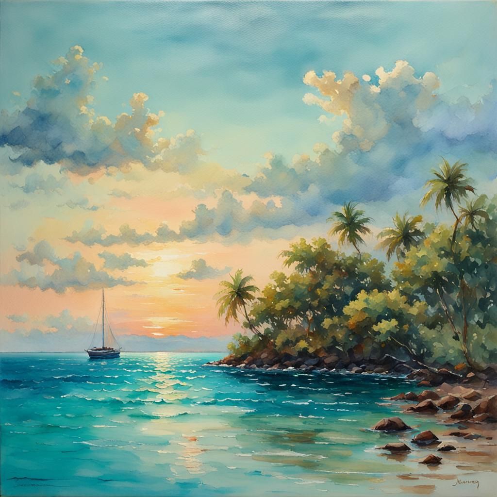 Turquoise Ocean Sunset in Watercolor Style