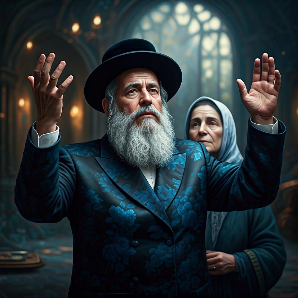 יהודי חסידי עם שטריימל , עם חליפת משי שחורה עם פרחים כחולם כהים .מרים את ידיו למעלה .ברזולוציה 105 עם אשה בת 50 לבושה מס...