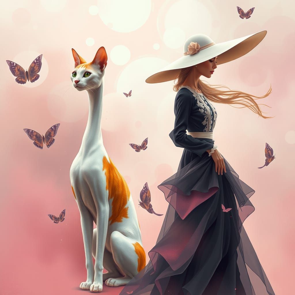Ethereal Cat and Lady in Dreamy Landscape