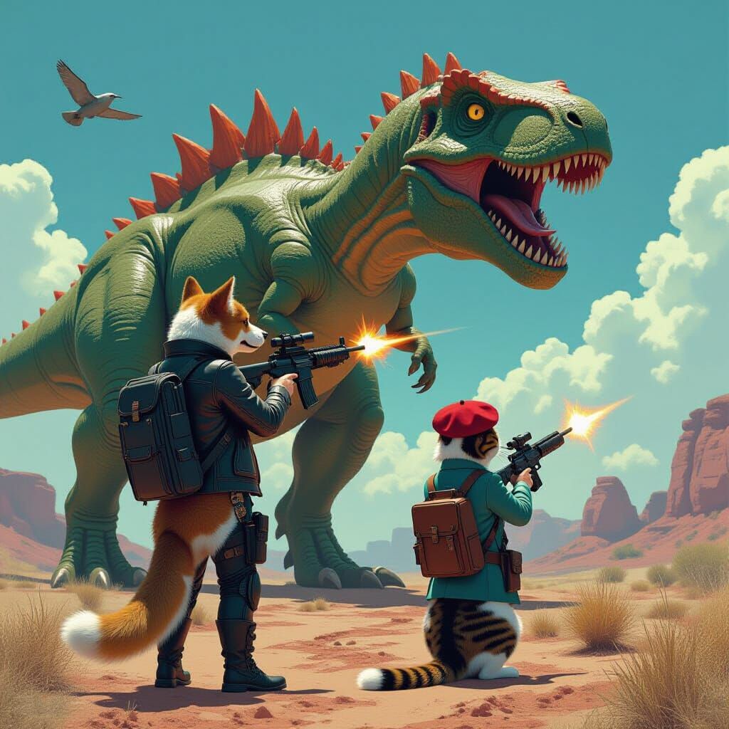 Dog and Cat Battle Dinosaur in Futuristic Action Scene