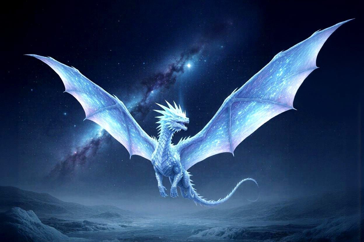 Ice Dragon Soaring Through Nebula in Hyper-Realistic Style