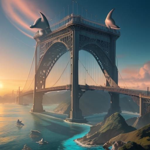 Surreal Underwater San Francisco Bridge with Dolphins