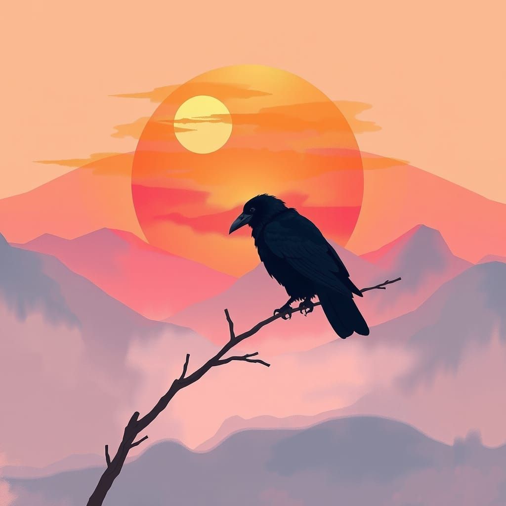 Raven Silhouetted Against Sunset Glow