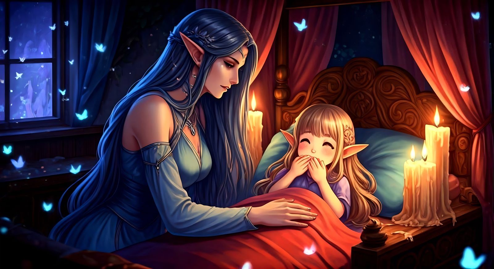 Elegant Elven Mother Tucks in Her Happy Daughter in a Whimsi...