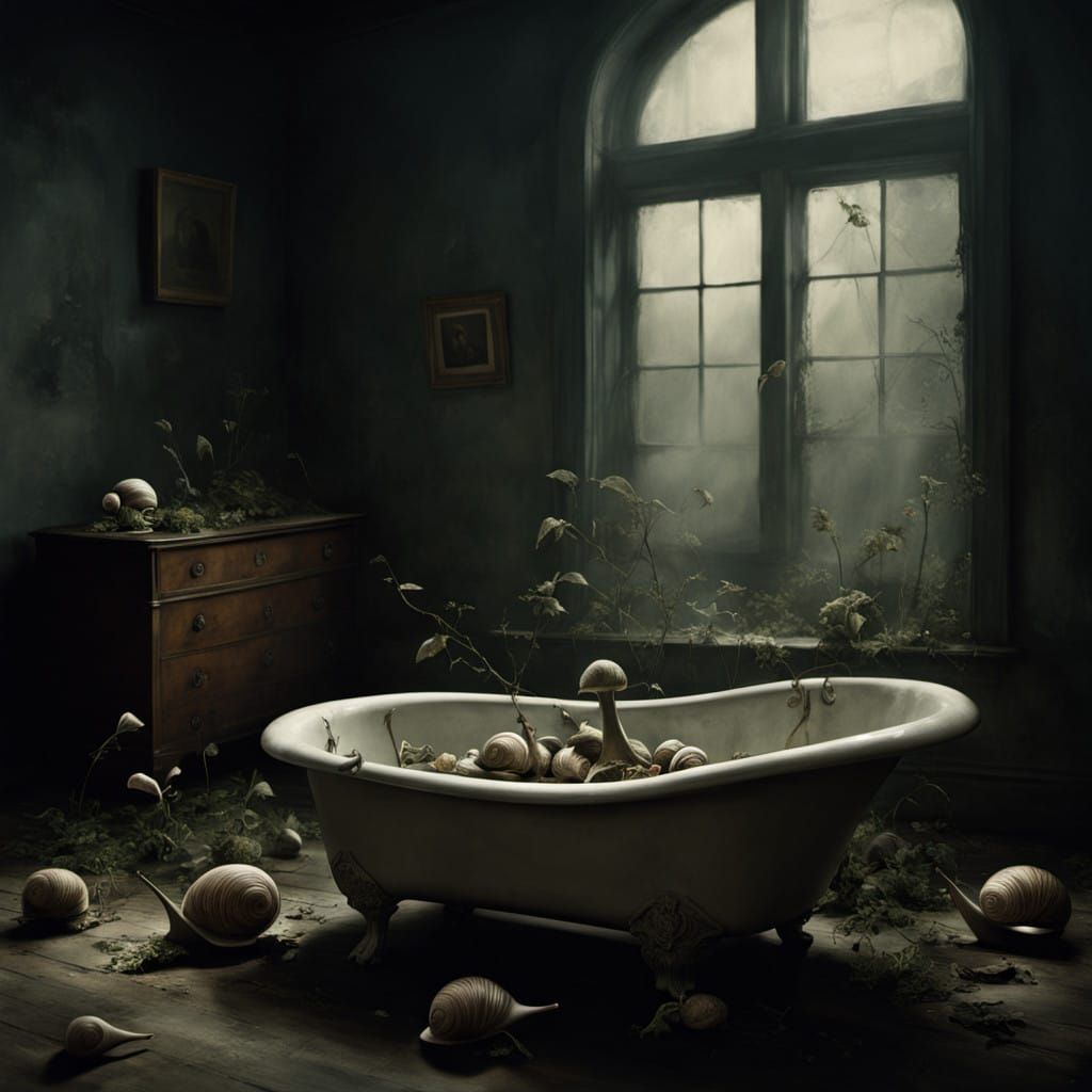 Ethereal Bathtub Scene in a Creepy, Snail-Infested Lair