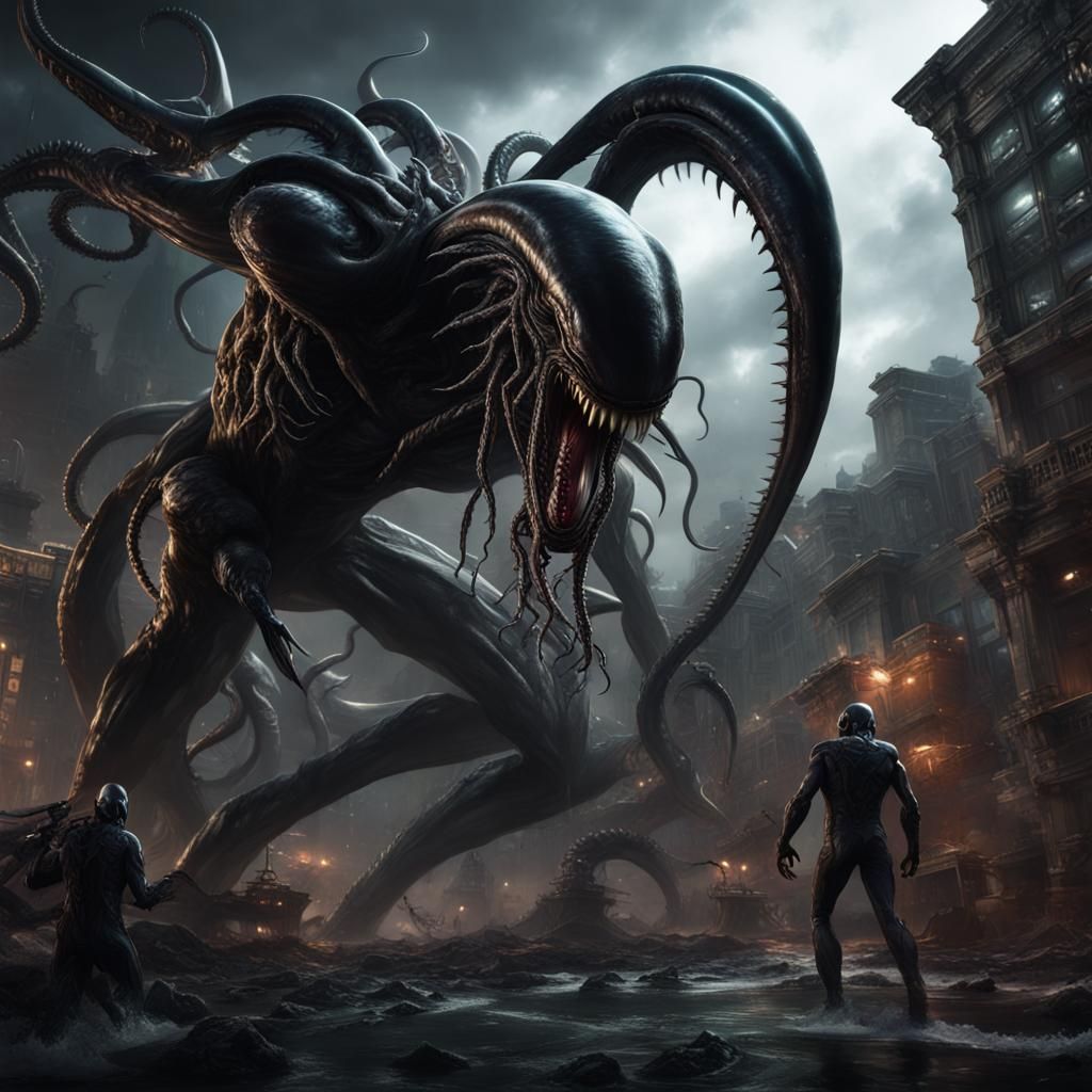 Xenomorph-Venom Hybrid vs Cthulhu: Detailed Fantasy Art
