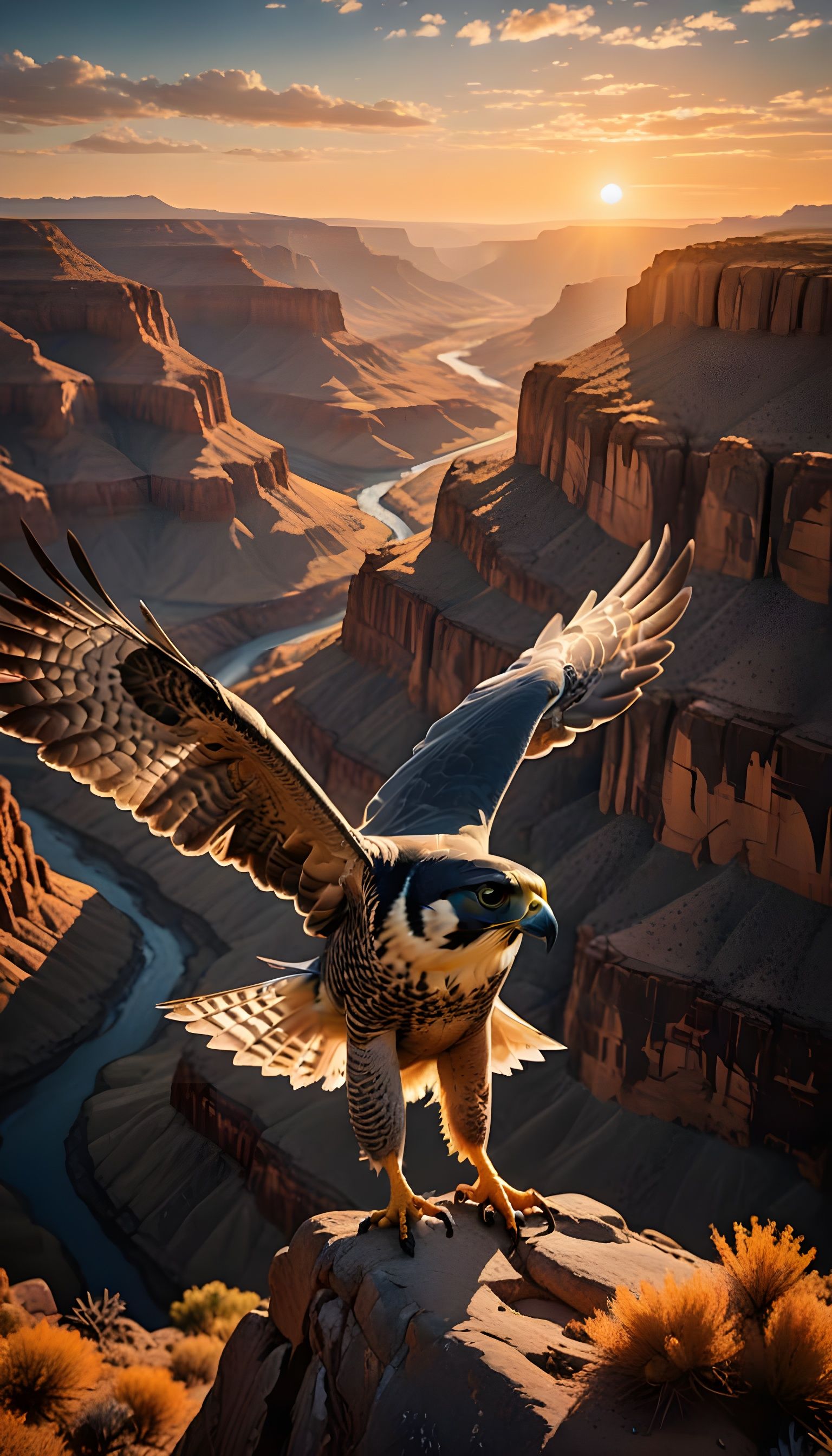 Majestic Peregrine Falcon Soars Above Golden Canyon Landscap...