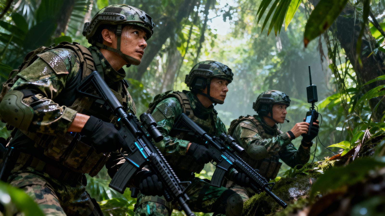 Special Forces Securing Satellite Link in Jungle Hideout
