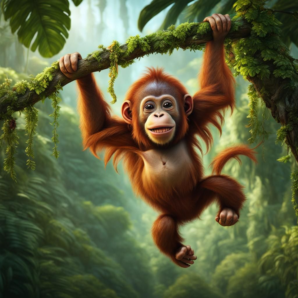 Playful Baby Orangutan in Lush Jungle