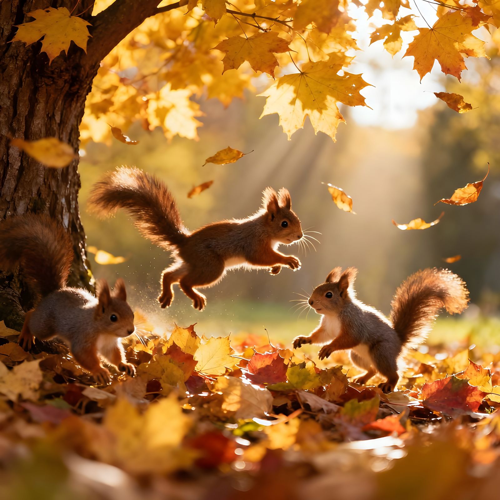 Baby Squirrels Play Under Autumn Maple Tree