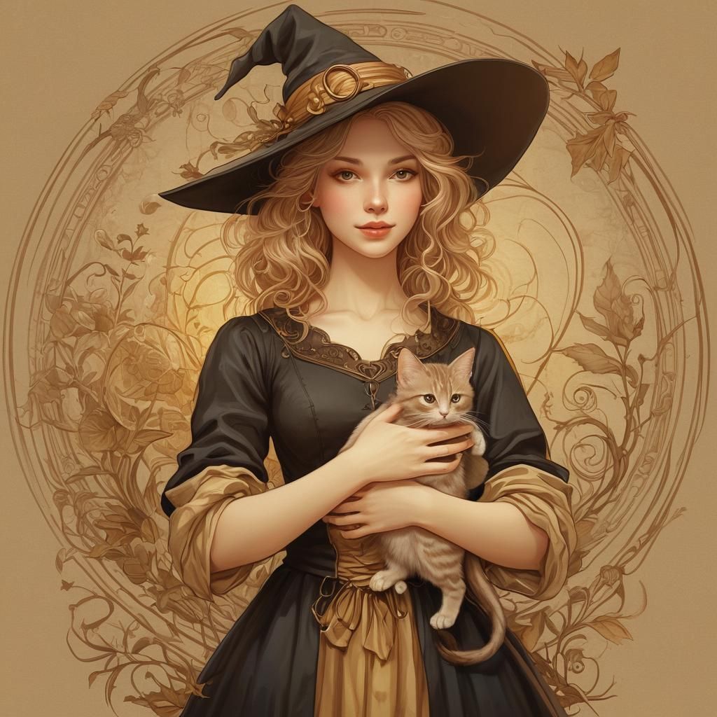 Cute Witch Woman Holding Kitten Illustration